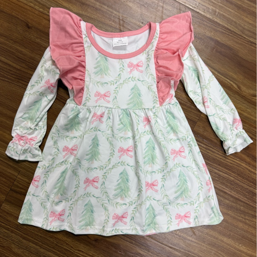 Boutique- White Dress with Christmas Trees & Pink Bows, Ruffle Shoulders- NWOT